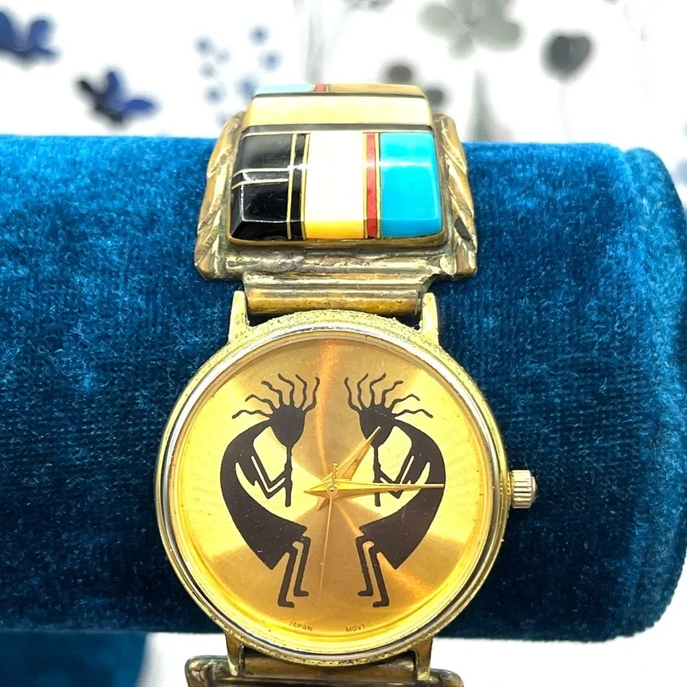 Watch Tip Albert Yazzie Gold Watch 925 Colorful Turquoise Onyx MOP Coral VTG